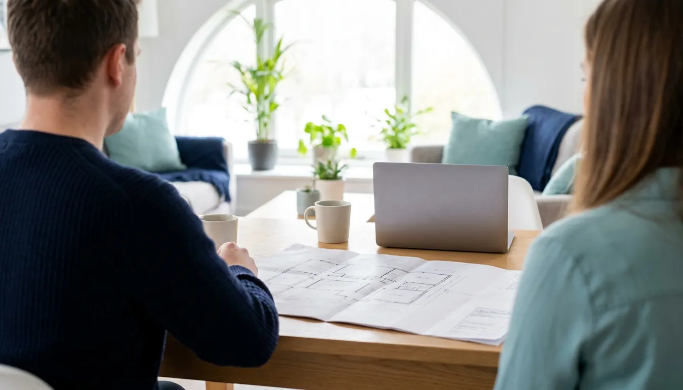 Two people at an oak table reviewing a printed office floor plan, with a laptop and coffee cups, in a bright office