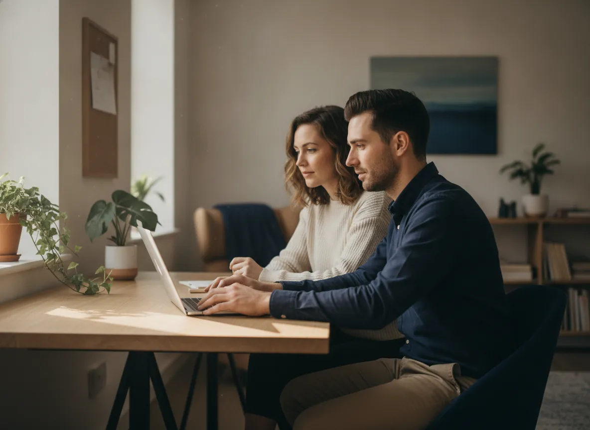 Two colleagues reviewing their Microsoft 365 setup on a laptop