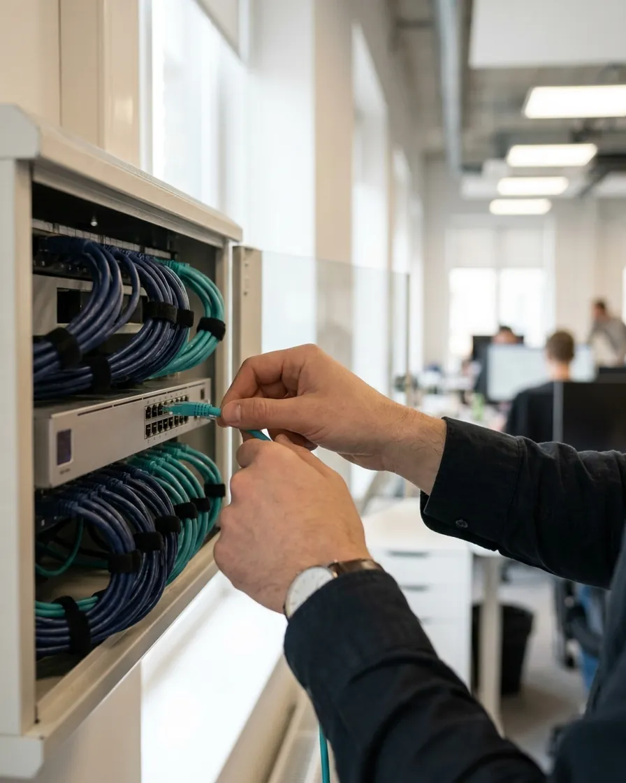 An engineer's hands plugging a teal patch cable into a network switch in a neat wall-mounted cabinet, in a bright open-plan office