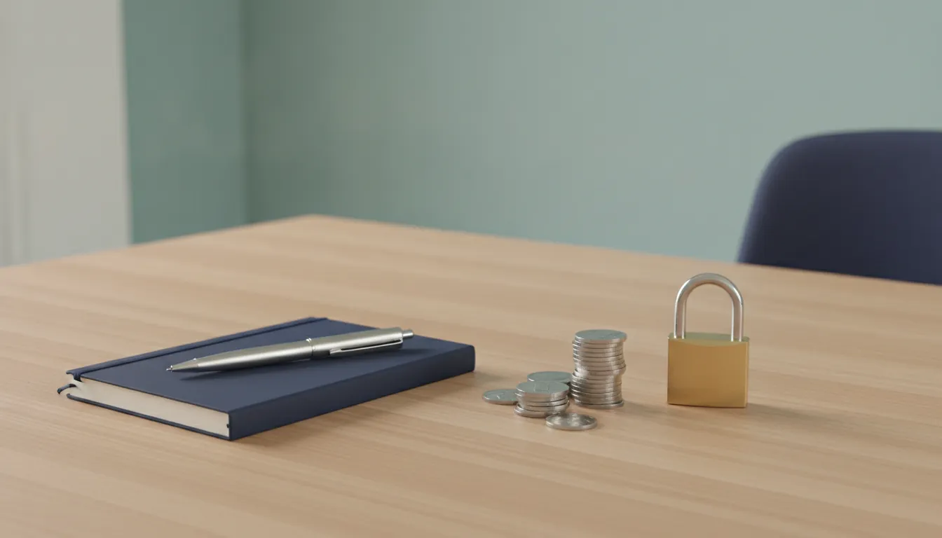 A stack of coins and a brass padlock beside a navy notebook on an oak desk