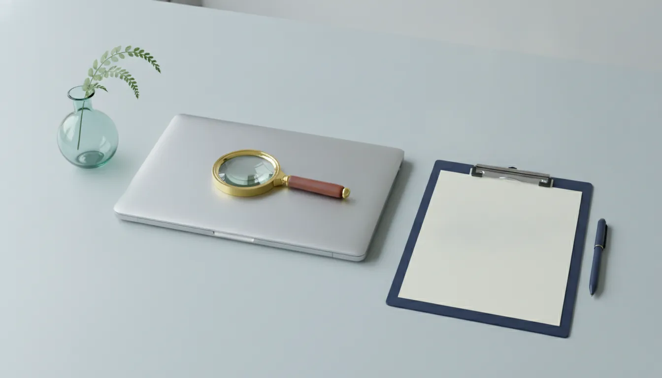 A brass magnifying glass resting on a closed laptop beside a navy clipboard on a pale desk