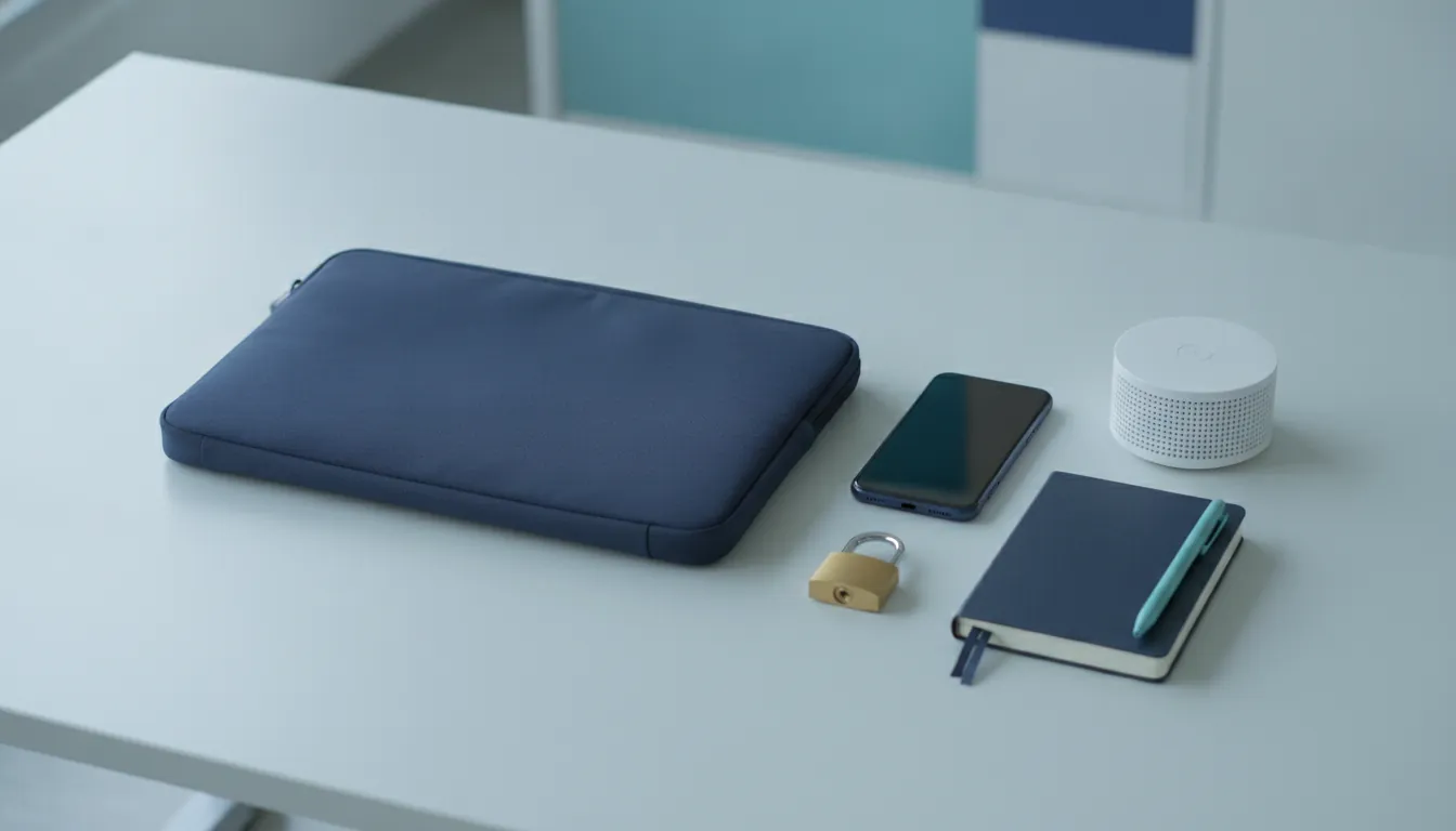 A navy laptop sleeve, a phone, a padlock, a small router and a notebook on a pale desk