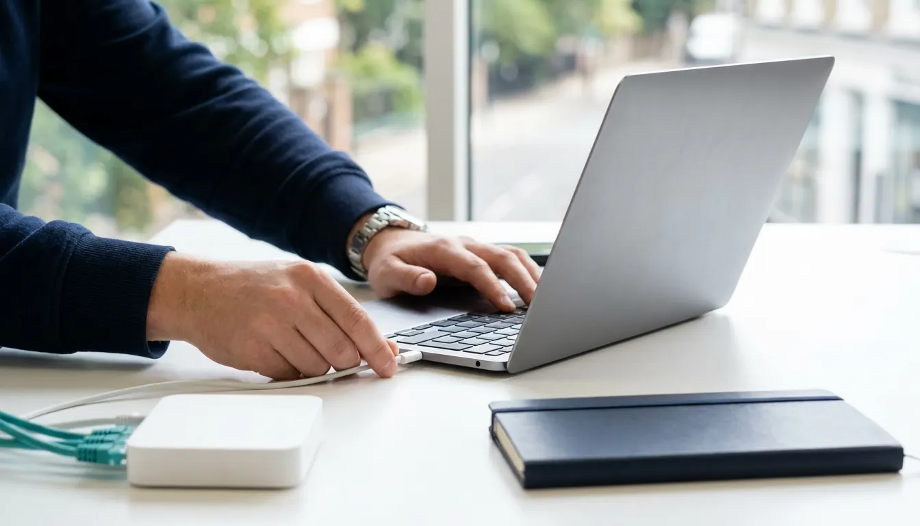 A navy laptop sleeve, a phone, a padlock, a small router and a notebook on a pale desk