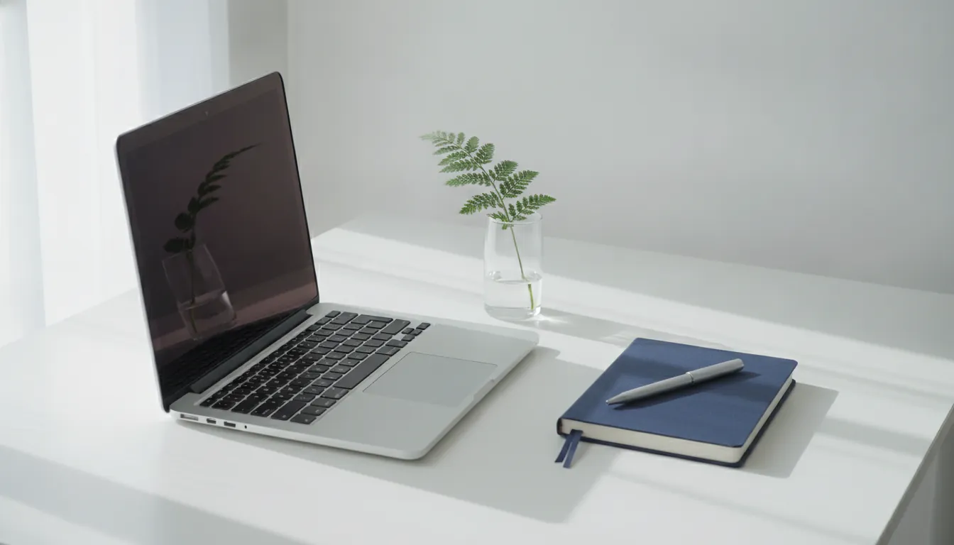 An open laptop, a sprig of fern in a glass and a notebook on a white desk