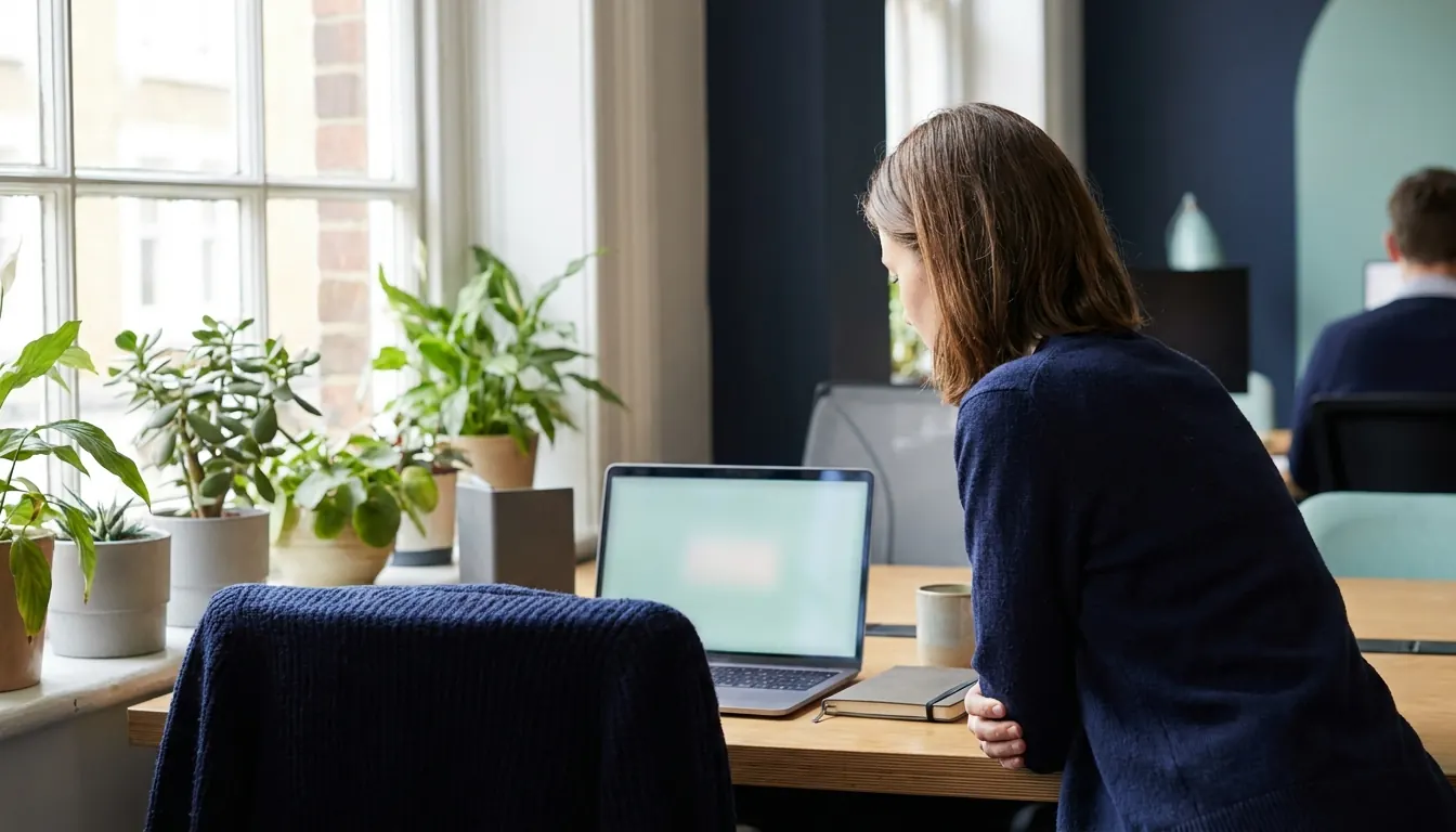 An open laptop, a sprig of fern in a glass and a notebook on a white desk