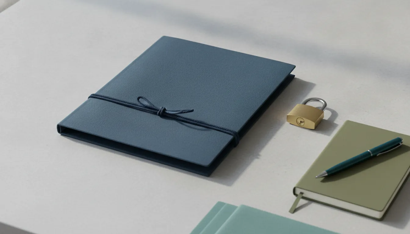 A navy document folder tied with a cord, a small padlock and a notebook on a grey desk