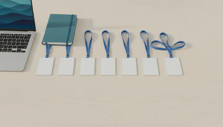A row of blank staff ID badges beside a laptop, one for each licence