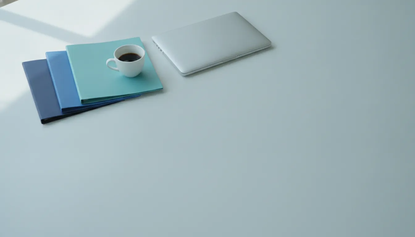 Folders in the cloud365.io colours beside a closed laptop on a desk