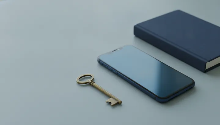 A brass key beside a smartphone and a navy notebook on a desk