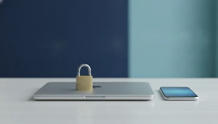 A padlock resting on a closed laptop next to a phone